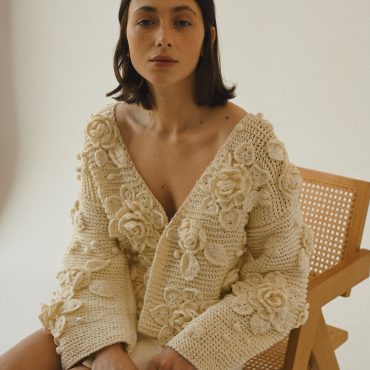 Handknit Cotton Cardigan: White V-neck Jacket With Embroidered Flowers