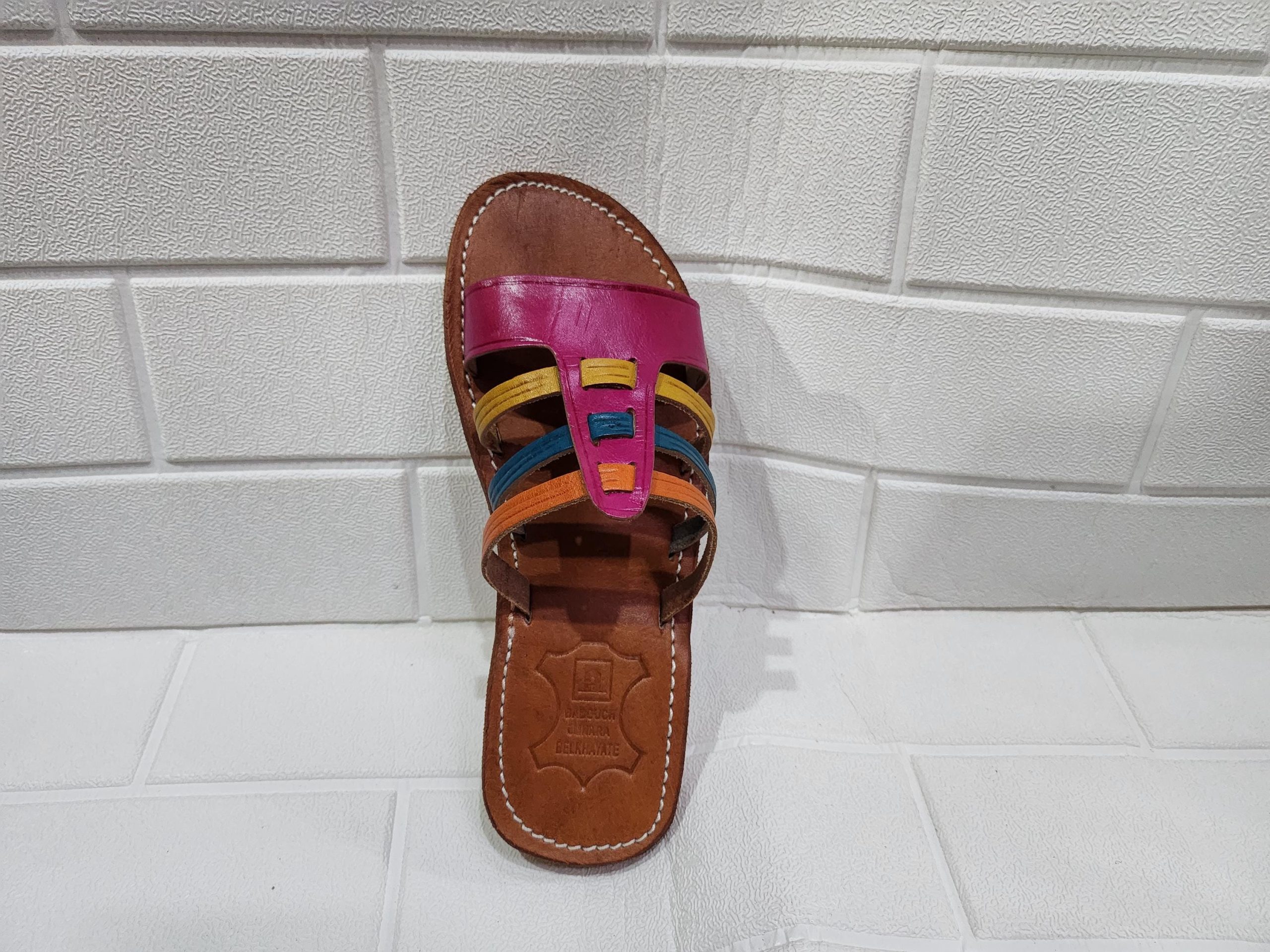 Handmade Moroccan Multicolor Leather Sandals For Women – Colorful Summer Flats – Boho Strappy Design – Traditional Artisan Slides