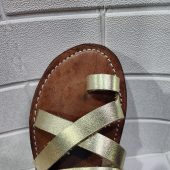 Gold Leather Moroccan Sandals For Women – Handmade Crisscross Flat Summer Shoes – Toe Ring Boho Slip-ons – Metallic Comfy Flats –