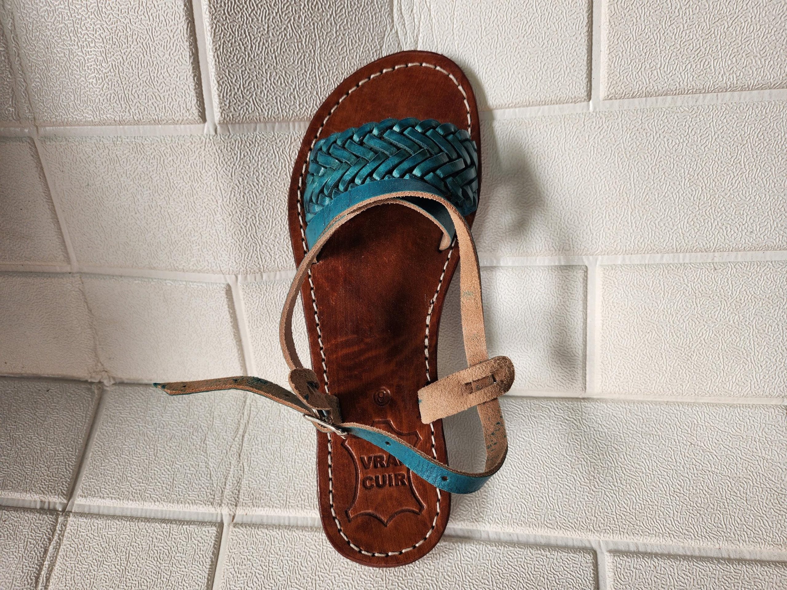Handmade Moroccan Women’s Sandals – Turquoise Braided Leather Summer Shoes – Genuine Tan Flat Sandals, Real Leather Slides, Gift For Her