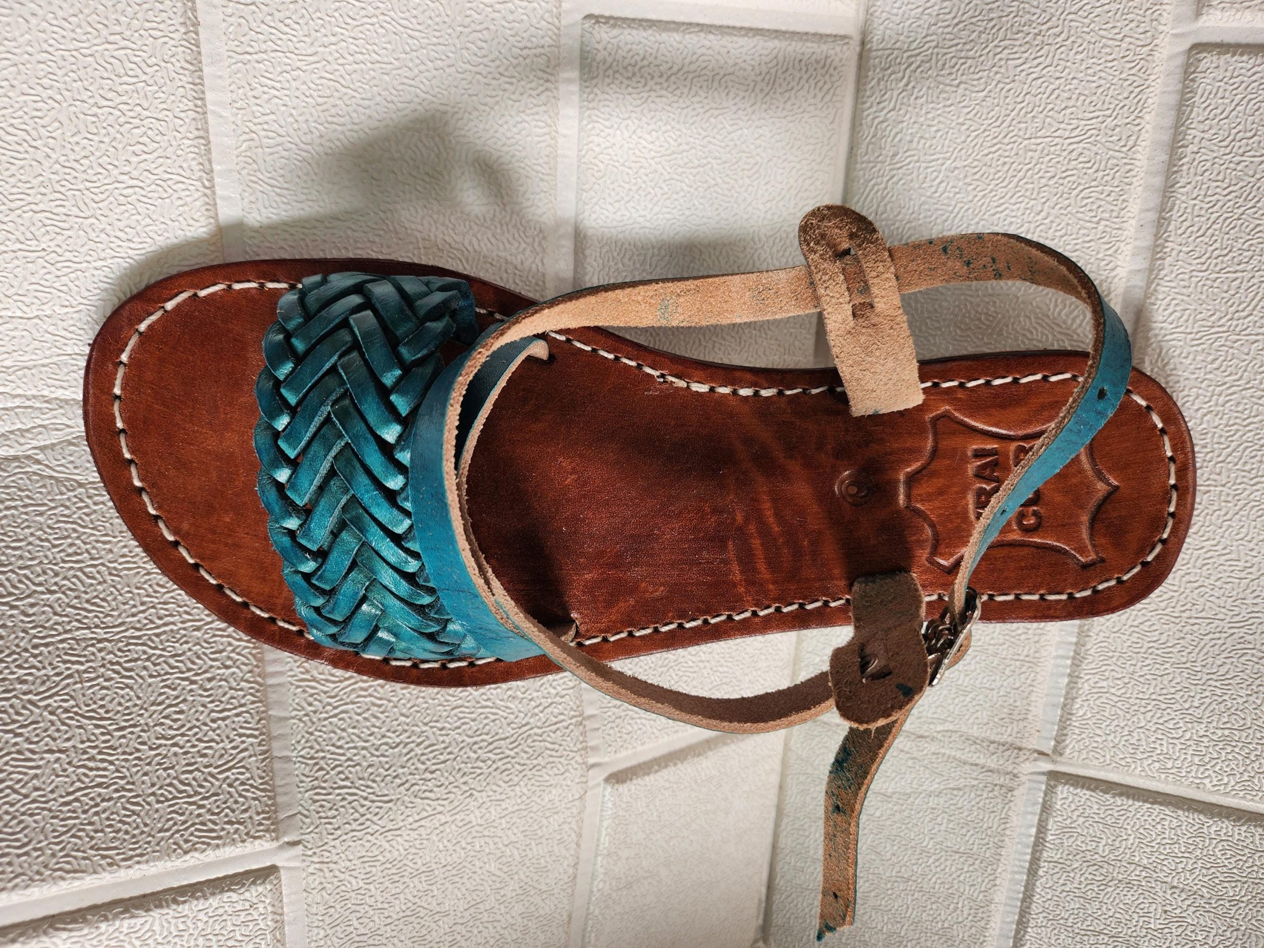 Handmade Moroccan Women’s Sandals – Turquoise Braided Leather Summer Shoes – Genuine Tan Flat Sandals, Real Leather Slides, Gift For Her