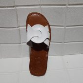 Handmade Moroccan White Leather Sandals For Women – Flat Slip-on Summer Shoes With Interlocking Strap – Artisan Minimalist Brown Sole Slides
